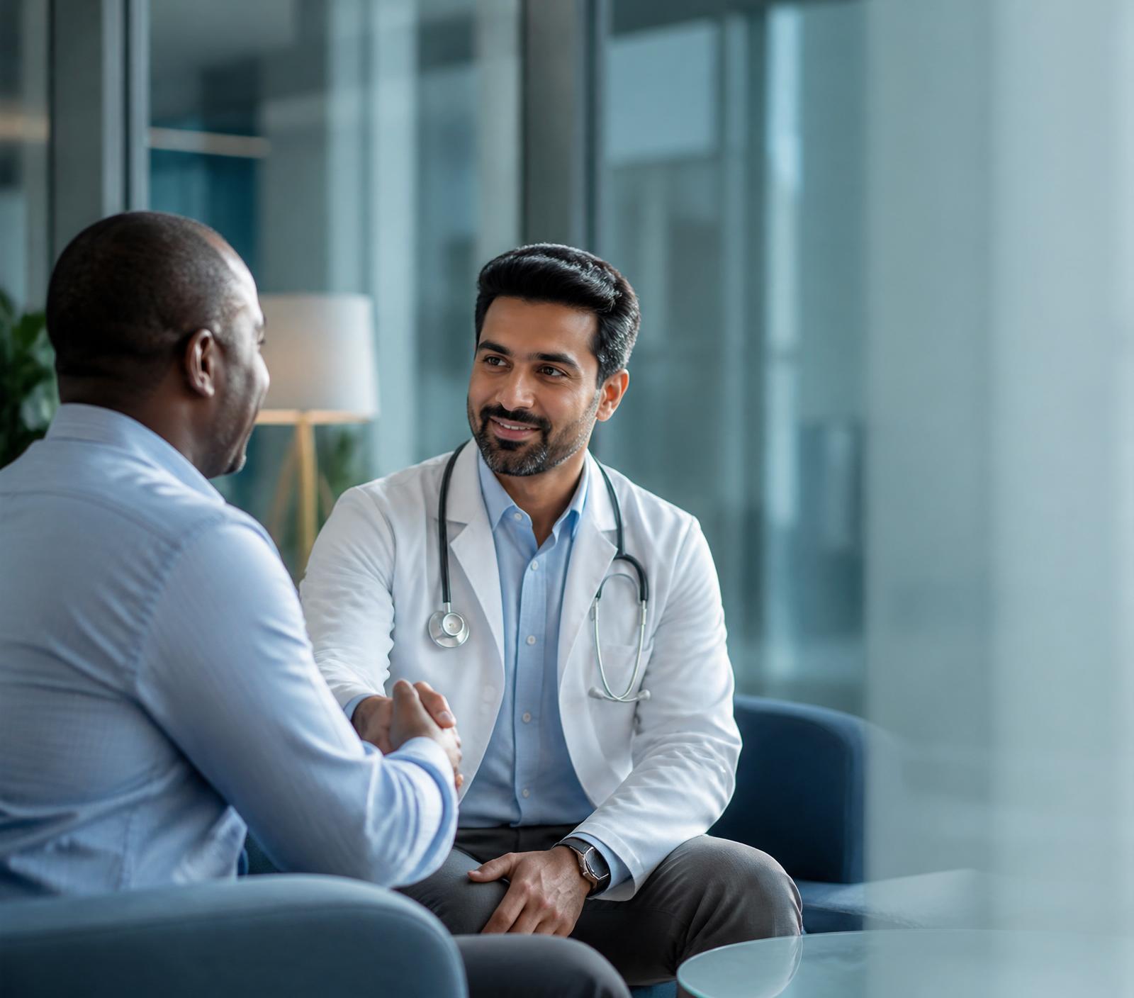 A physician in India welcoming an international patient in a calm consultation lounge